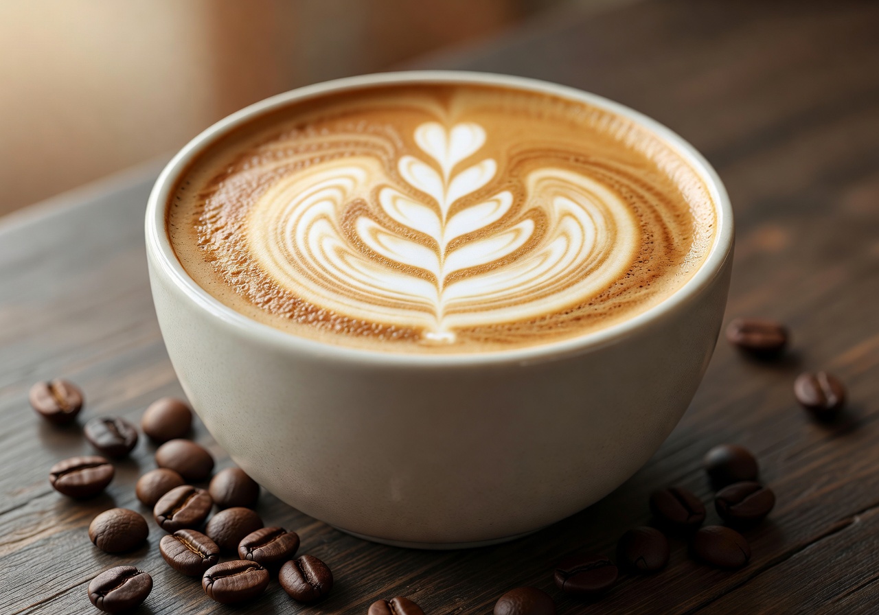 Aesthetic latte art in a wide ceramic cup with coffee beans scattered around