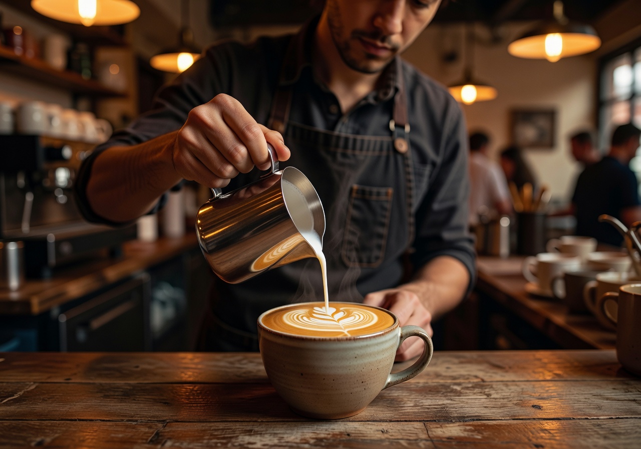 Barista carefully pouring latte art into a ceramic cup in warm café lighting