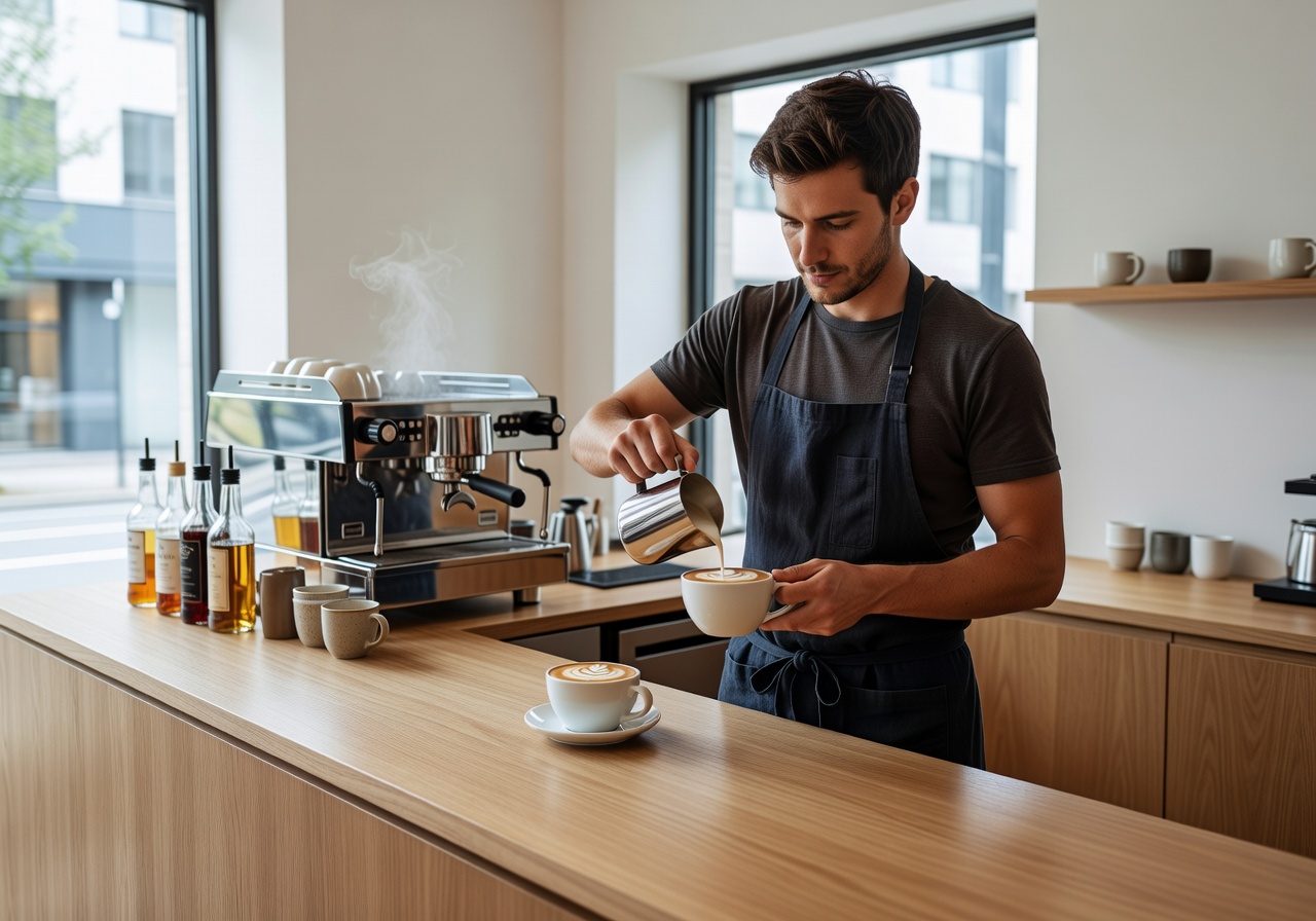 Barista crafting drinks behind minimalist wooden counter