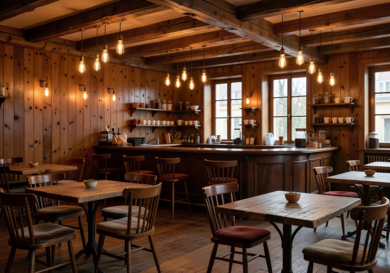 Beautiful café interior with warm lighting and wooden details