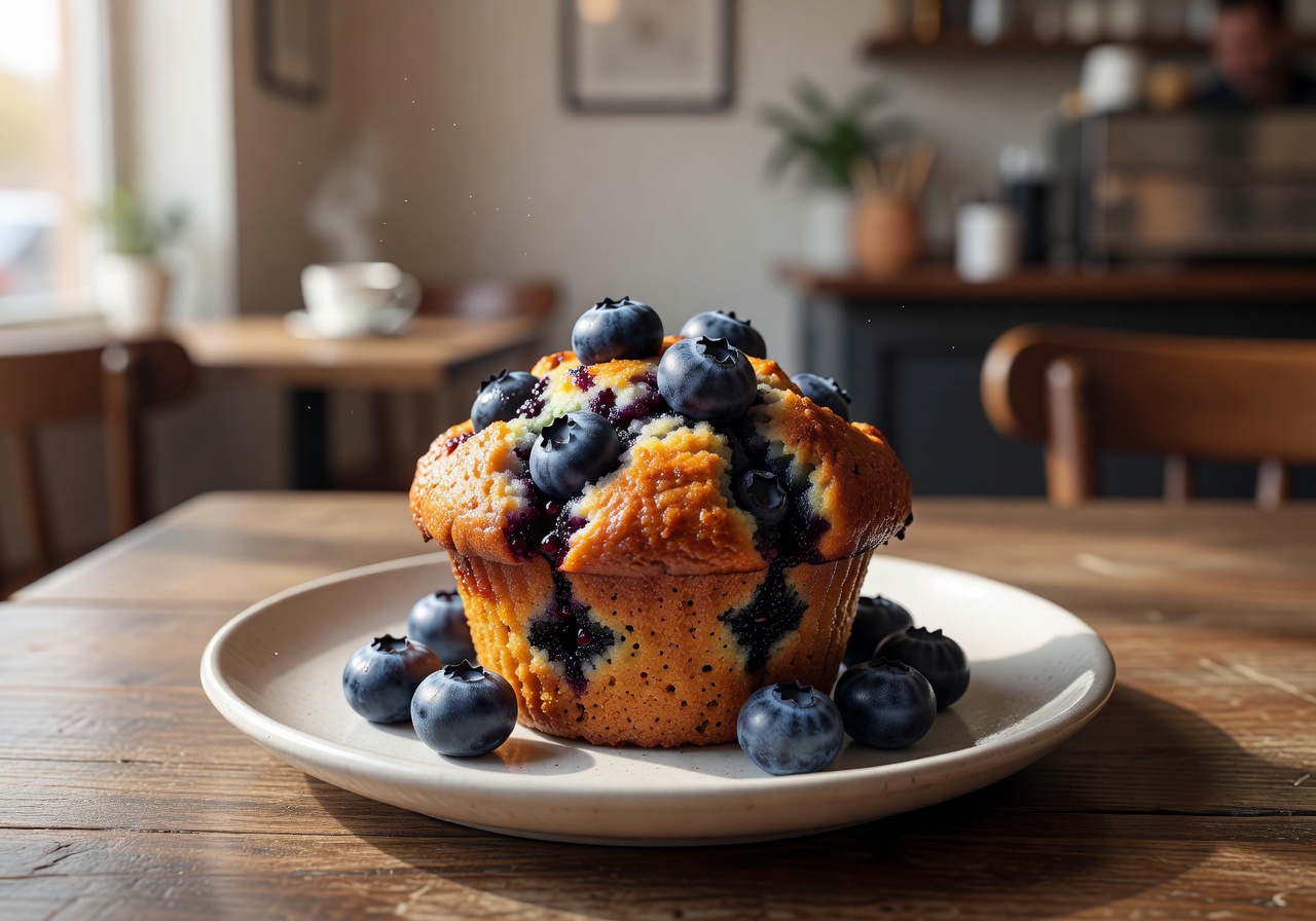 Blueberry muffin with fresh berries on top in café