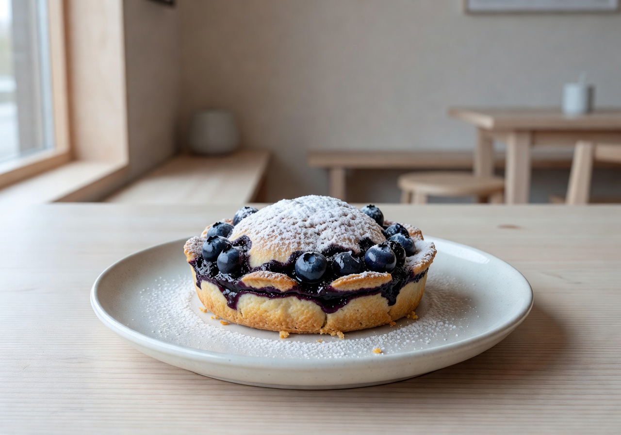 Blueberry tart pastry with powdered sugar in a Nordic café setting