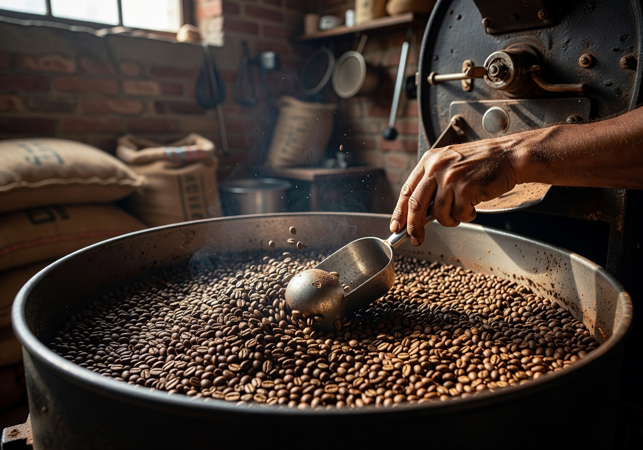 Close up of coffee beans being roasted in artisan roastery