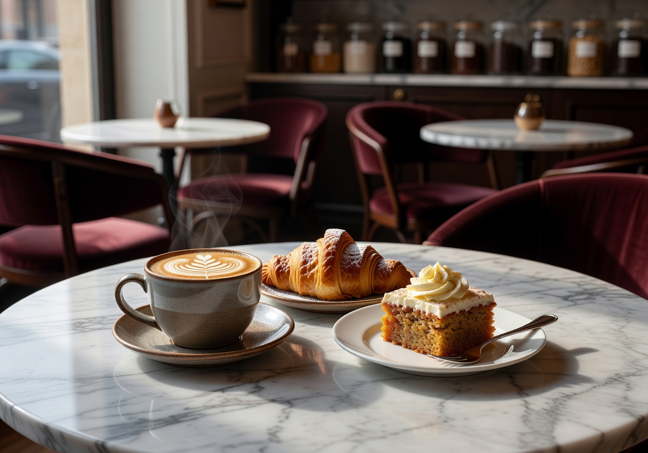 Inviting café table with two cups of coffee and pastries by window with snow outside