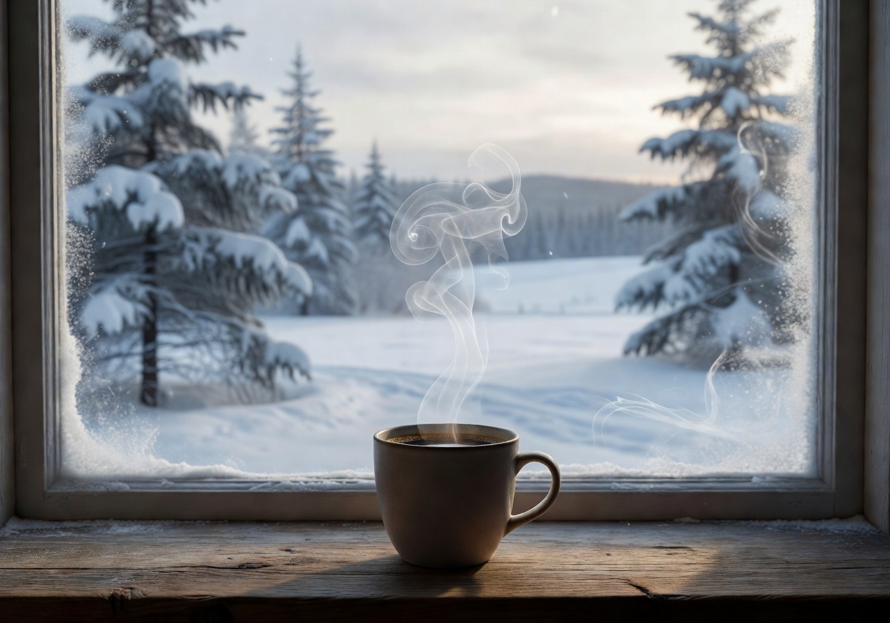 Coffee cup steaming by window with winter scenery outside