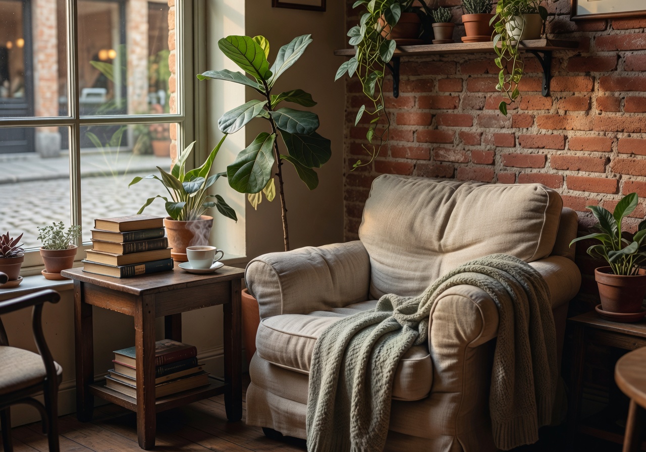Cozy reading corner in Scandinavian café with plants and natural light