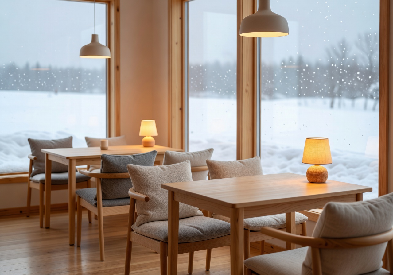 Cozy Scandinavian café interior with wooden furniture and warm lighting, snow visible outside large windows