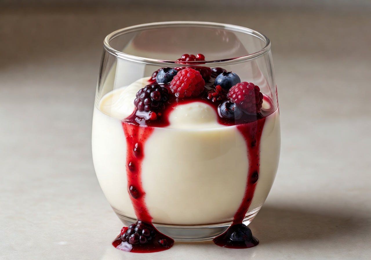 Creamy panna cotta dessert with berry sauce in glass