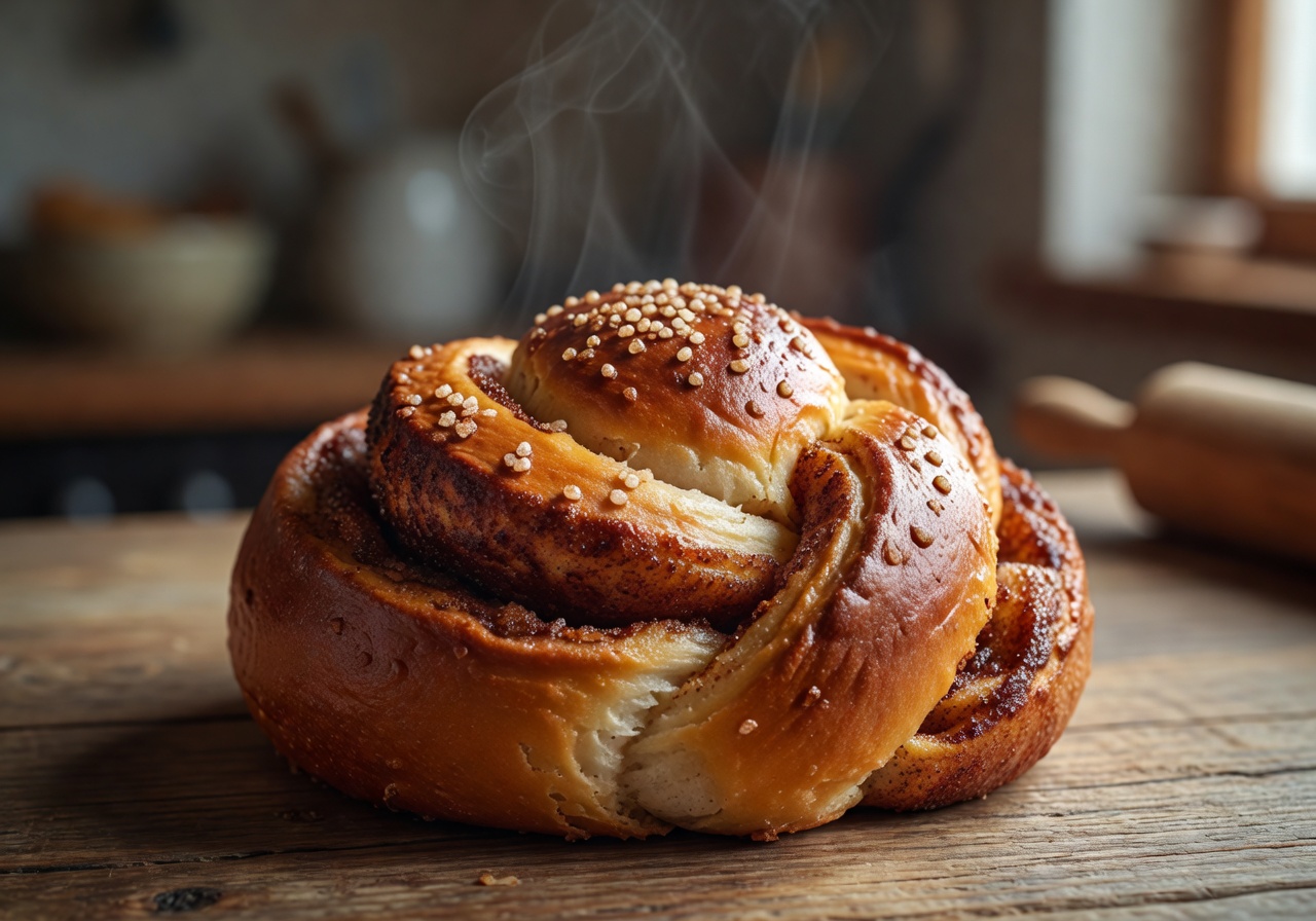 Finnish korvapuusti cinnamon bun fresh from oven