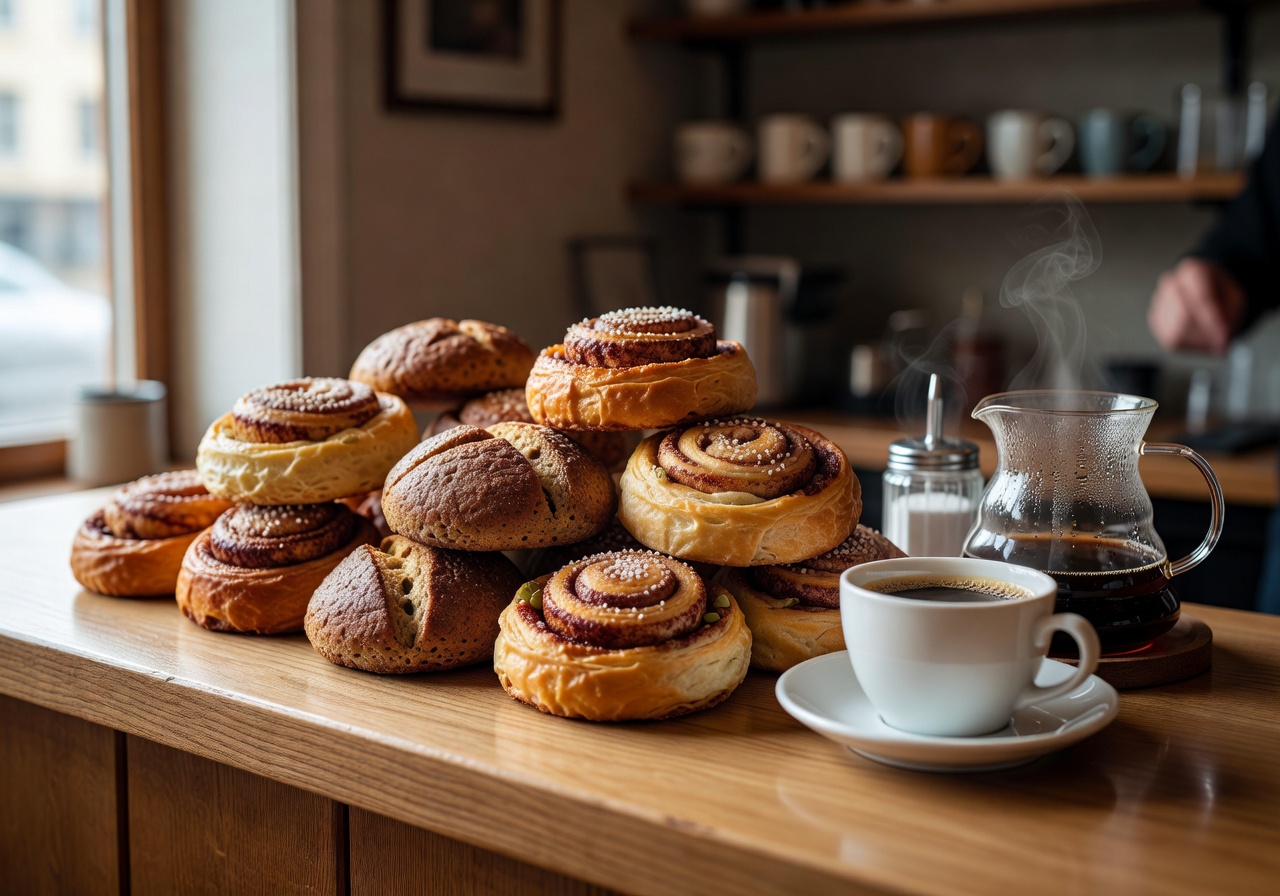 Finnish pastries and coffee arranged beautifully on café counter