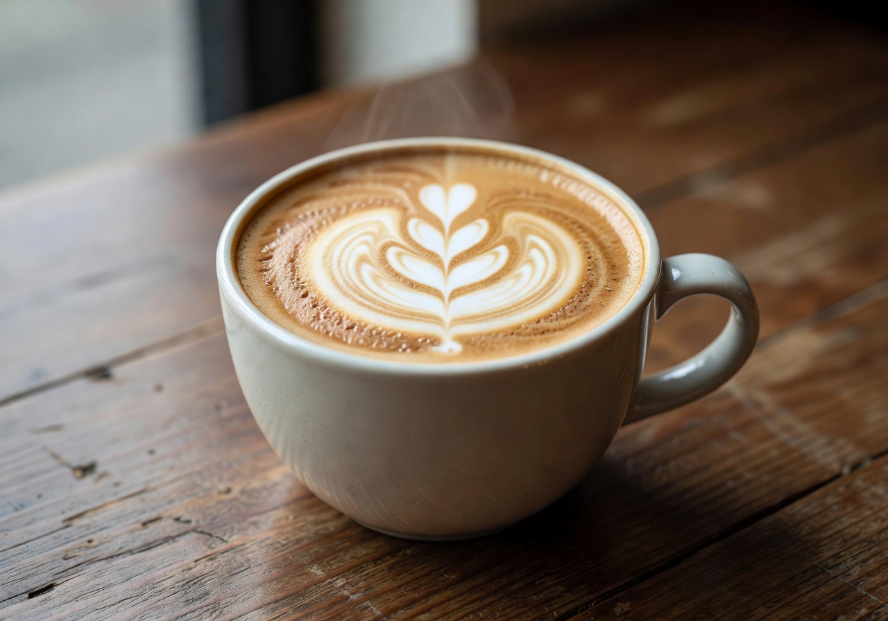Flat white coffee in ceramic cup on wooden surface