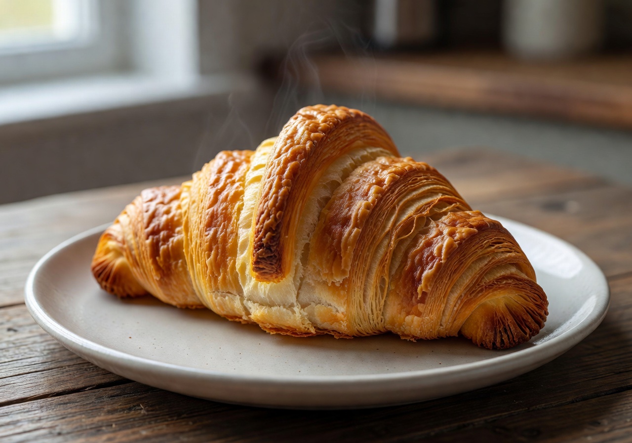Fresh croissant with golden flaky layers on plate