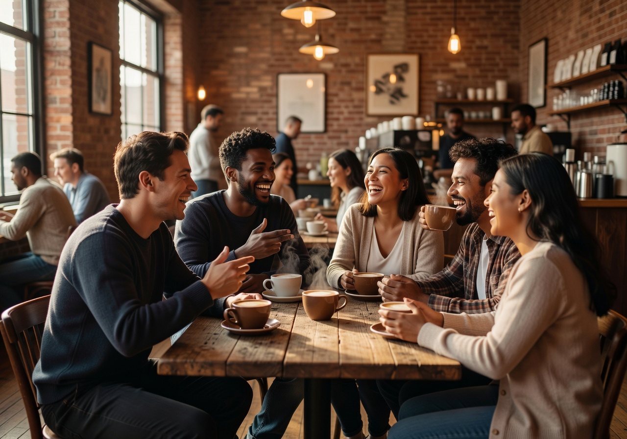 People enjoying coffee together in Nordic winter café setting