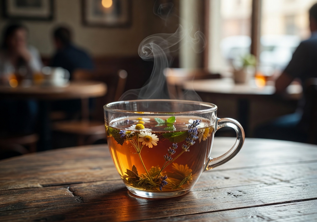 Herbal tea in glass cup with steam rising in café