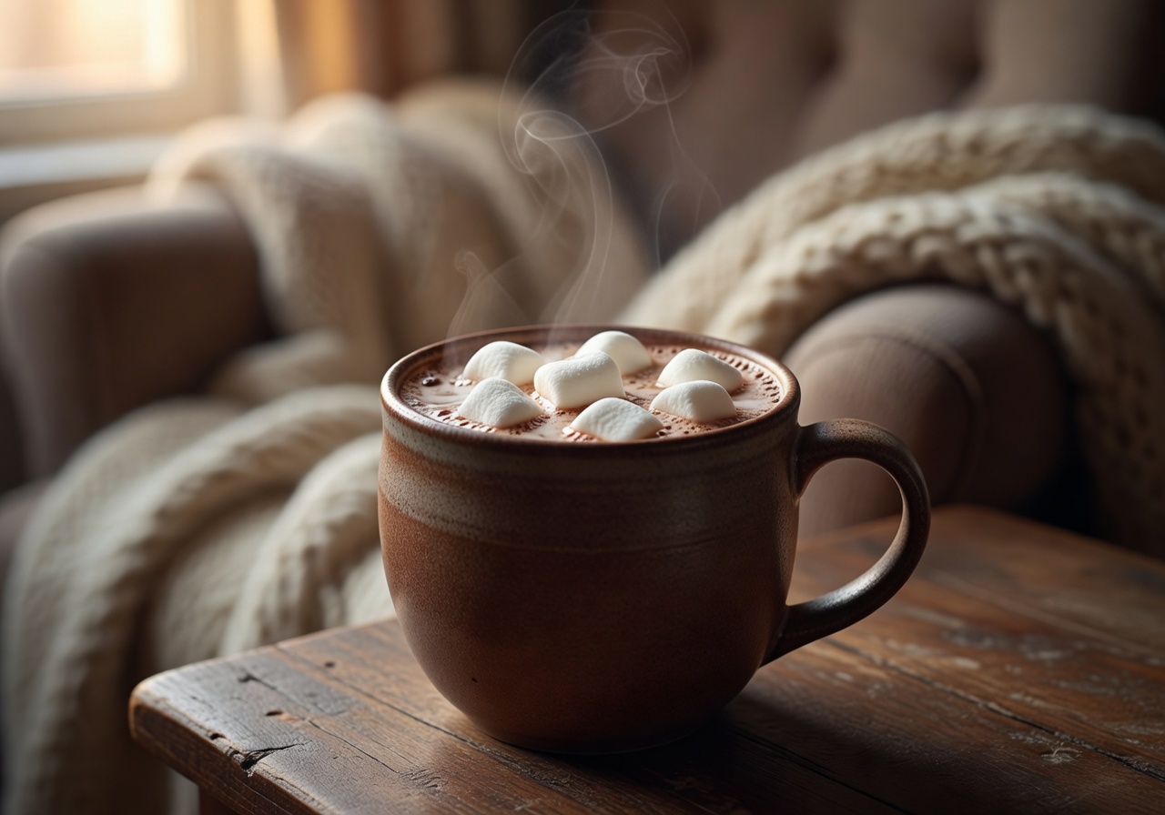 Hot chocolate drink with marshmallows in cozy mug