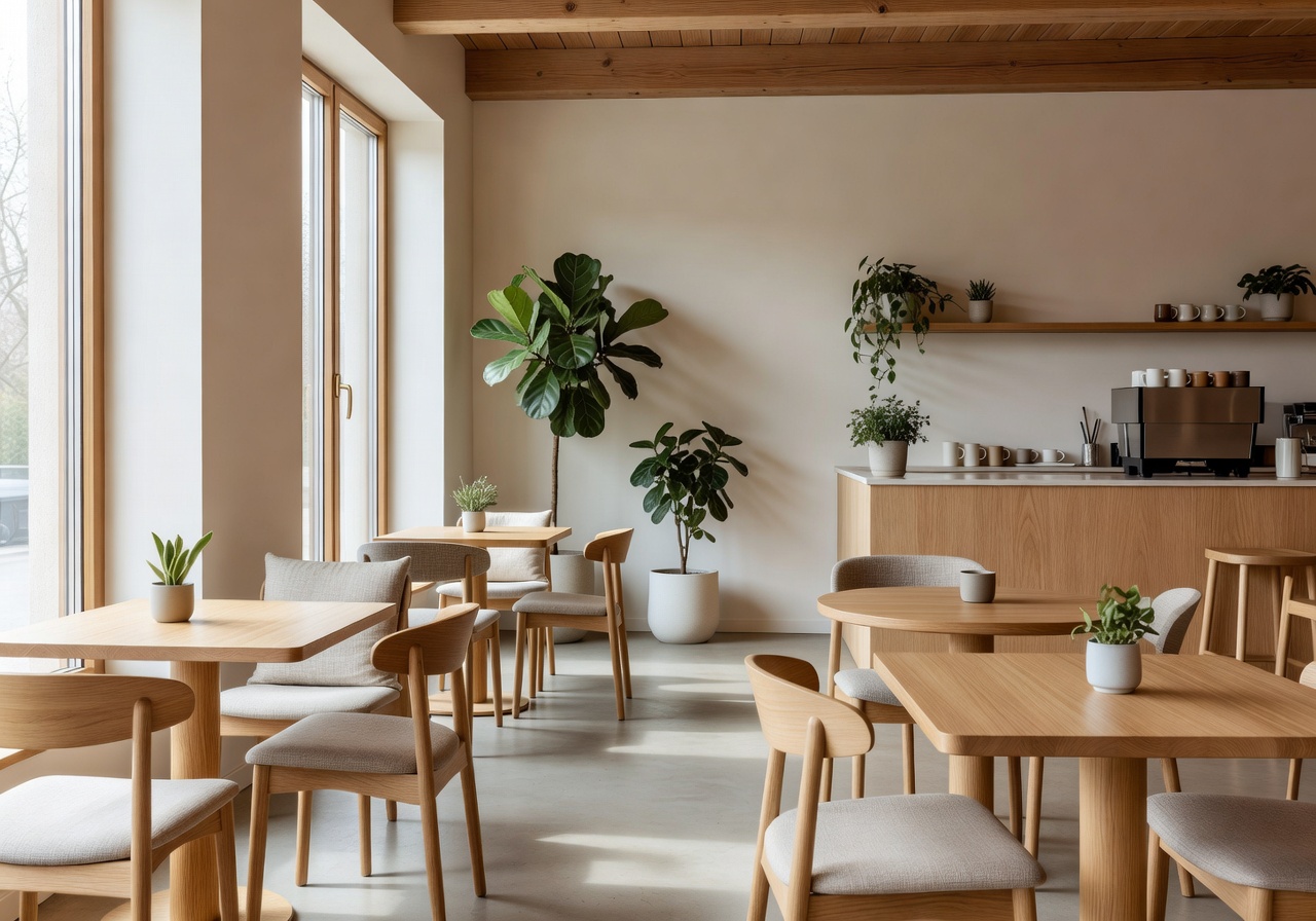 Inviting café interior with warm wooden accents and Nordic design