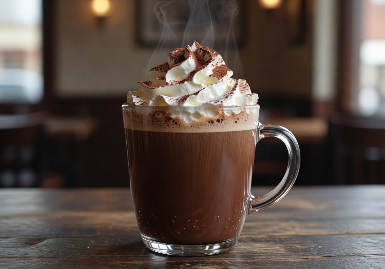 Mocha coffee drink topped with whipped cream and cocoa
