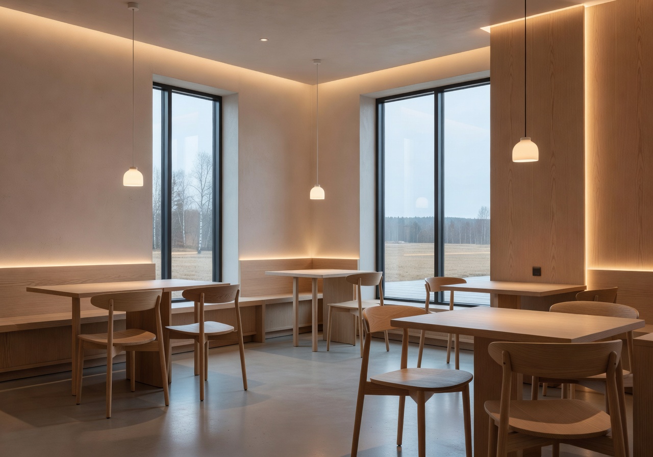 Modern Scandinavian café interior with wooden chairs, minimal Nordic style and warm ambient lighting