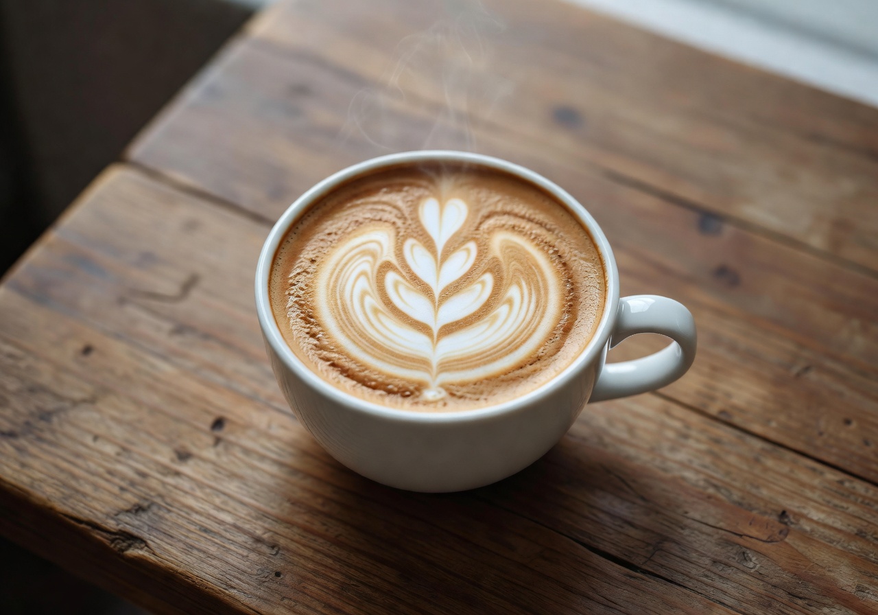 Overhead view of a beautifully crafted cappuccino with latte art on wooden table