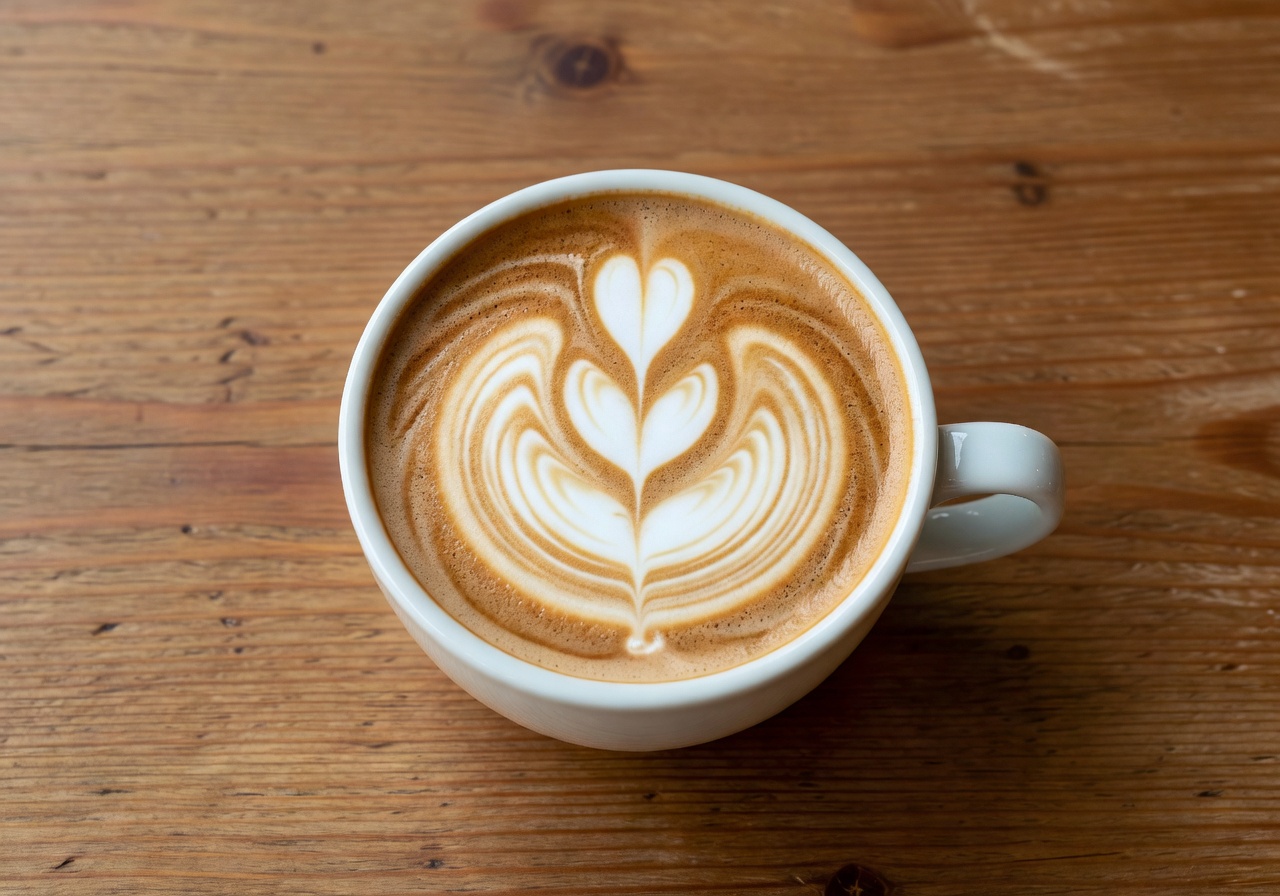 Overhead view of latte art in ceramic cup on wooden table