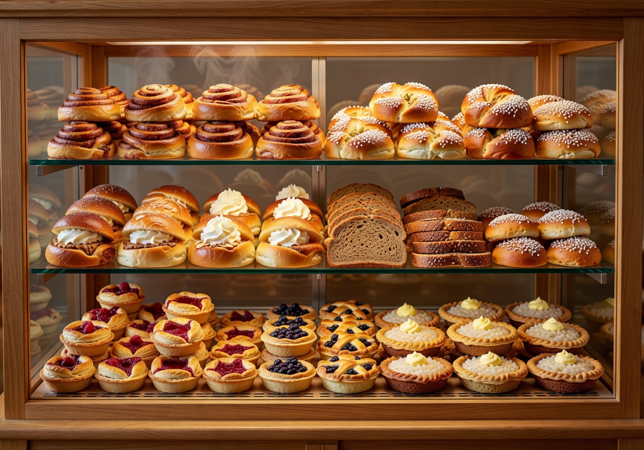 Pastry display case with Finnish baked goods and treats