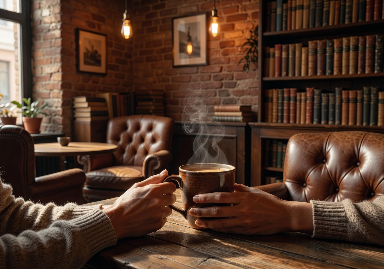 Close up of latte with beautiful art in cozy winter café vibe