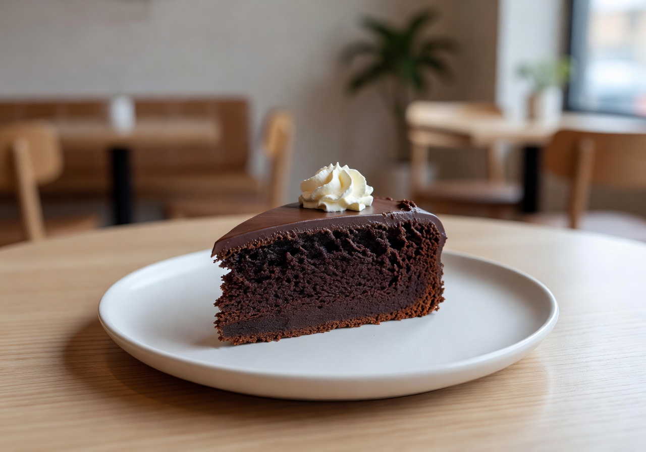 Rich chocolate cake dessert slice on minimal white plate in café