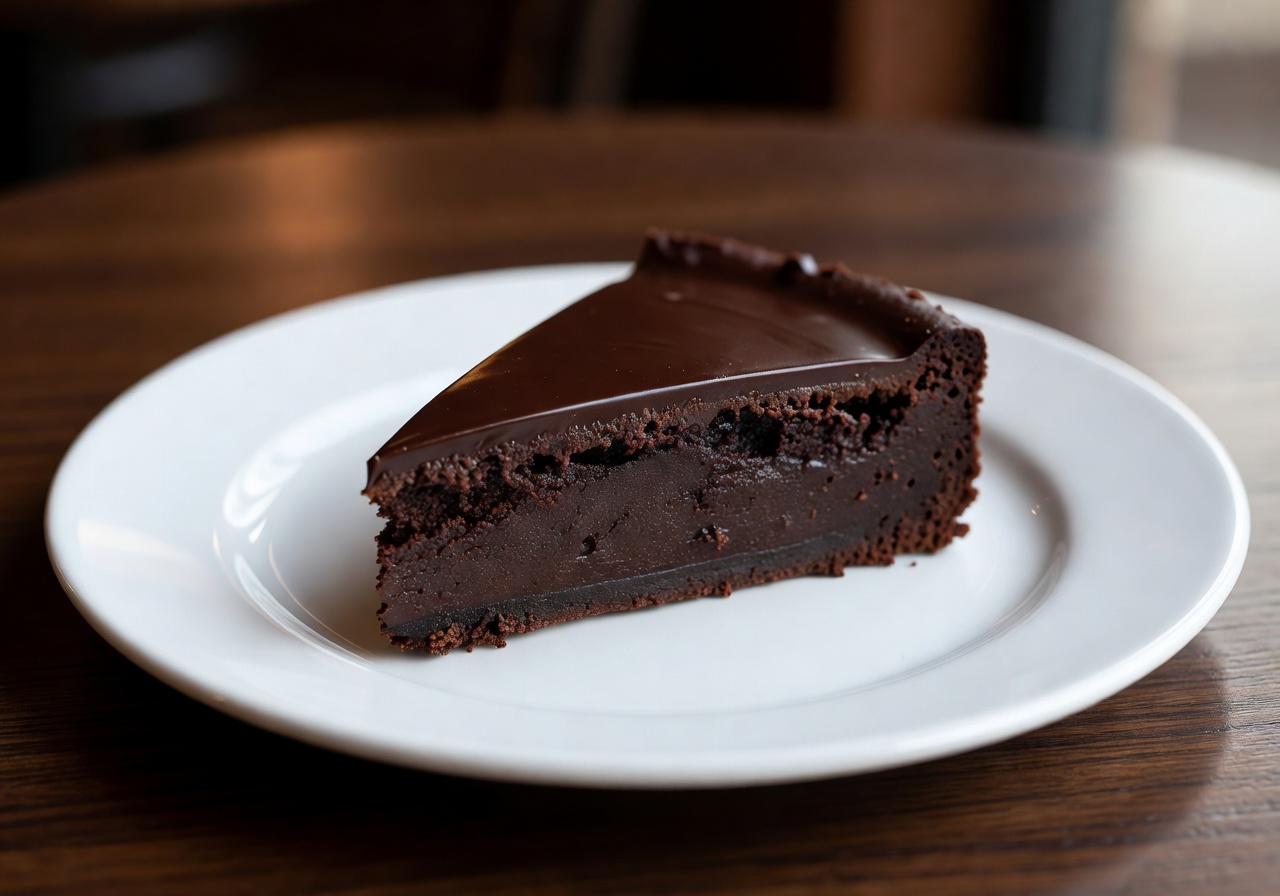 Rich dark chocolate torte slice on white plate