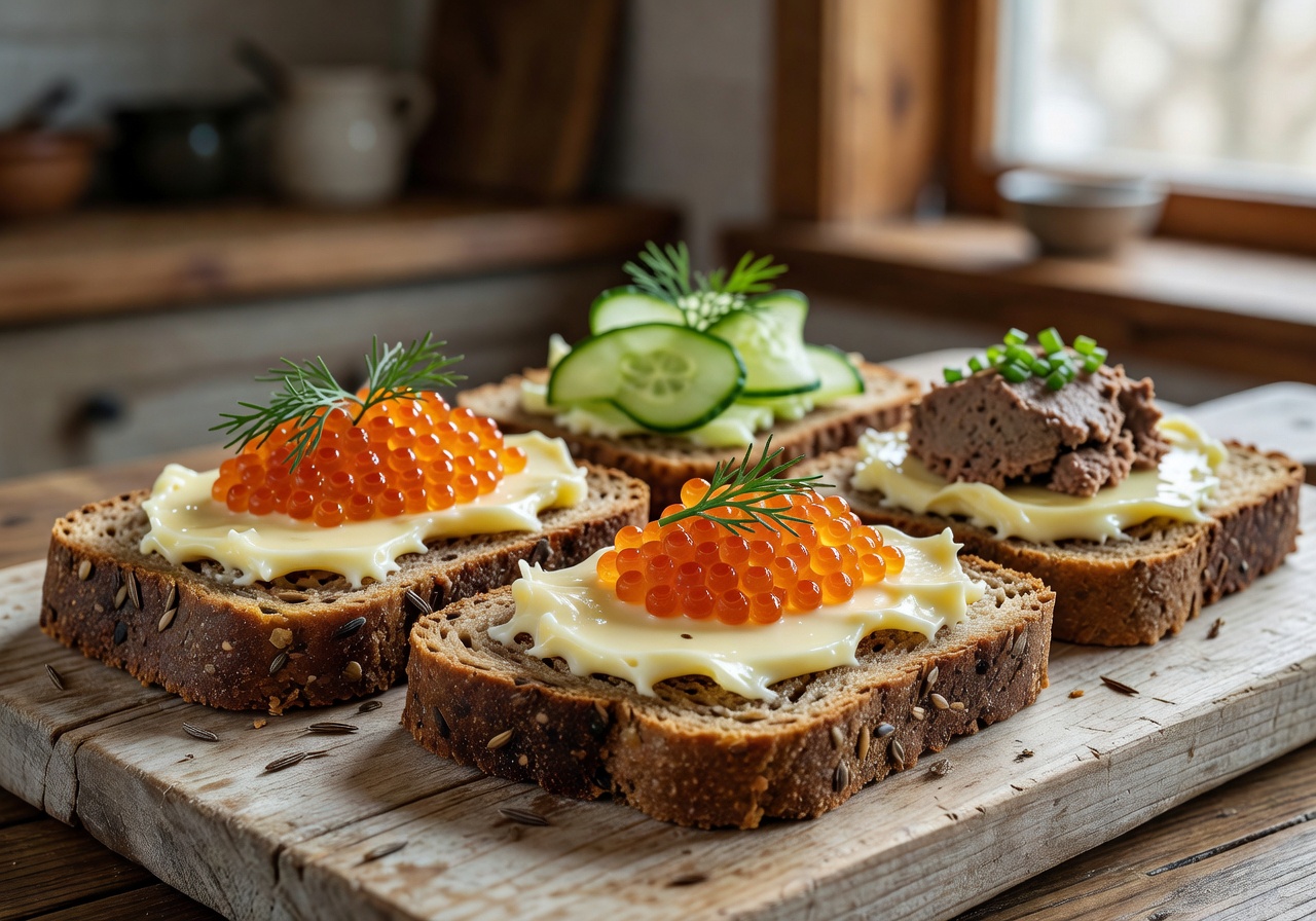 Rye bread slices with butter and toppings Finnish style