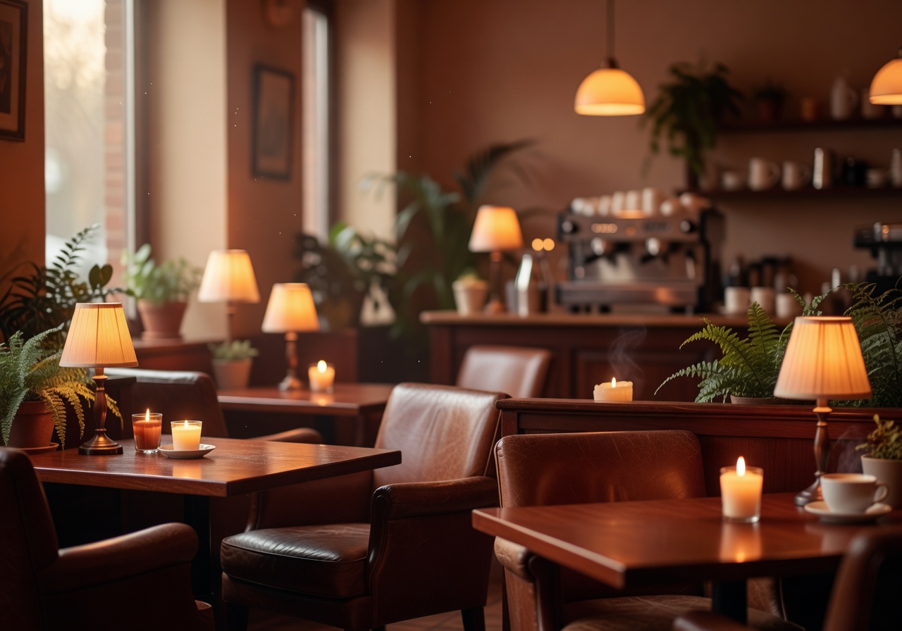 Soft warm café atmosphere background for privacy policy page