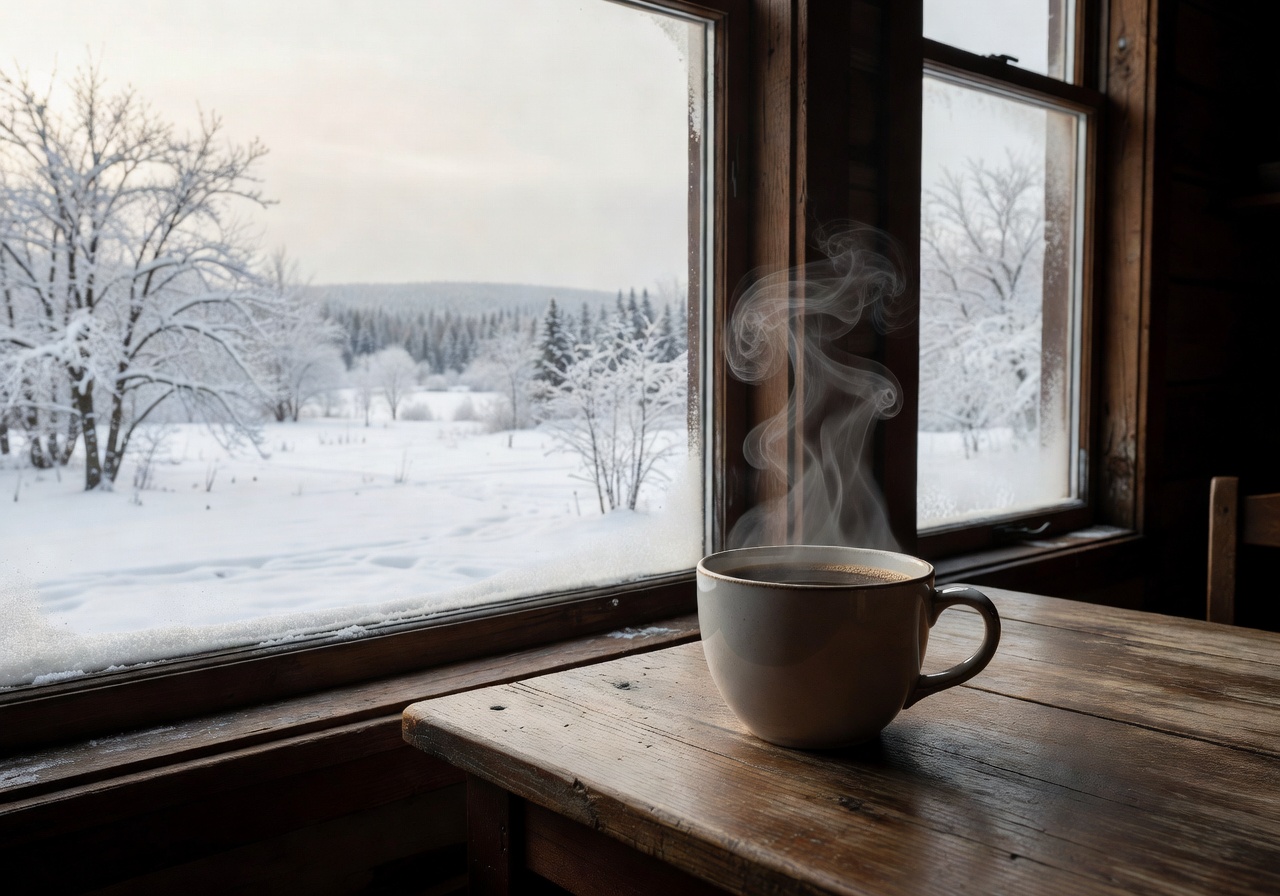 Steaming coffee cup on wooden table next to window with winter view