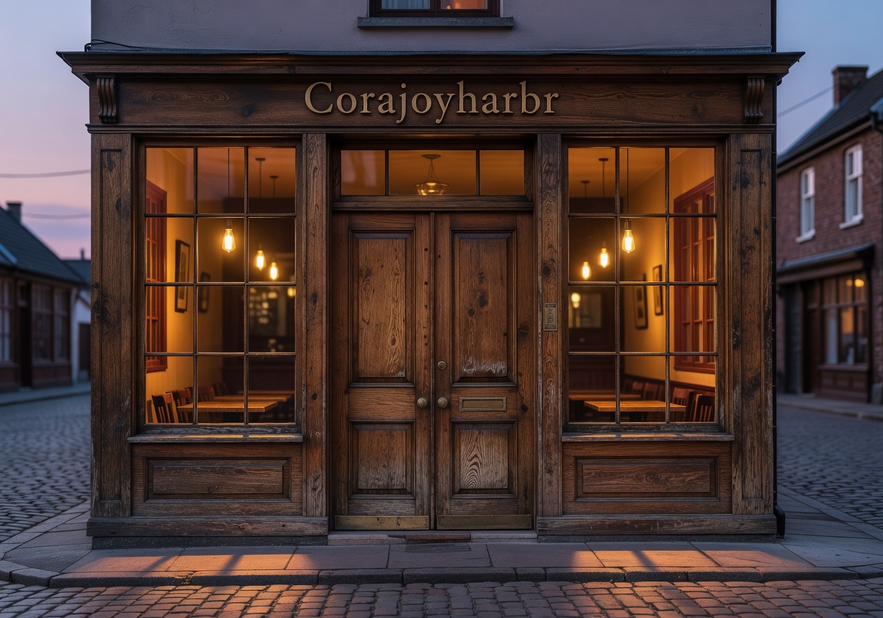 The original Corajoyharbr café storefront with wooden doors and warm interior glow