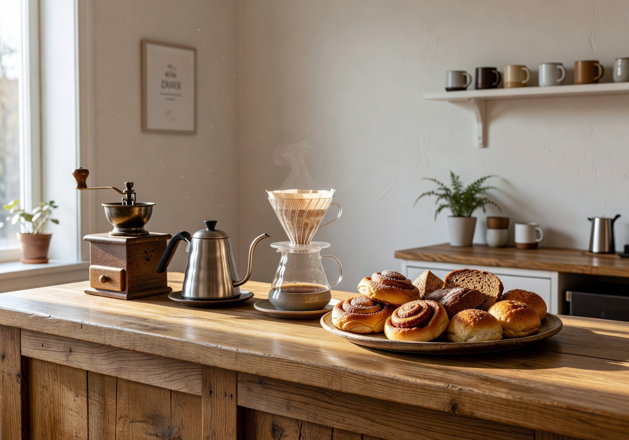 Warm café counter with coffee equipment and pastries in Nordic setting