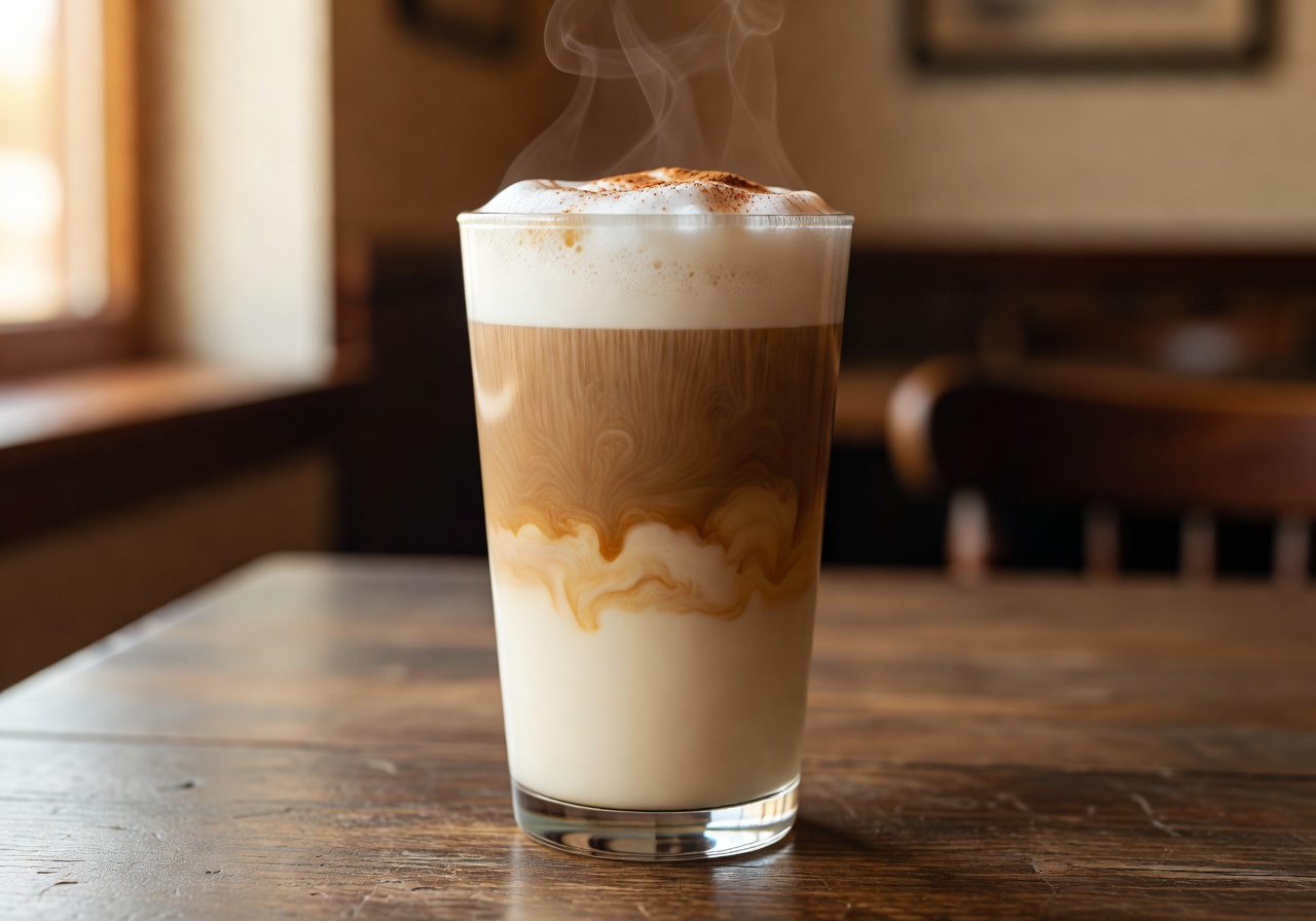 Warm café latte in tall glass with milk layers