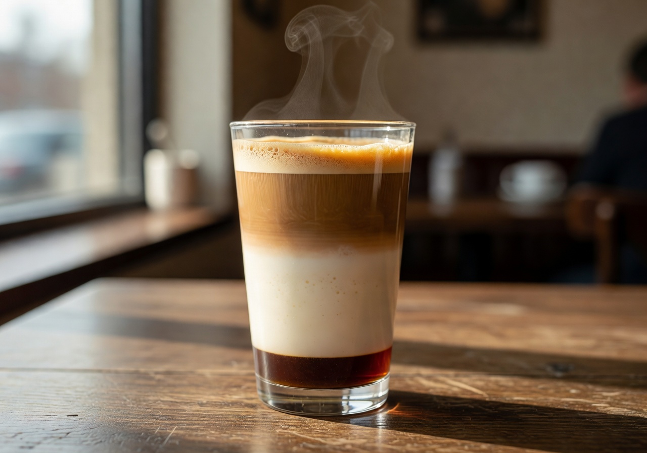 Warm café latte served in a tall glass with steamed milk and espresso layers