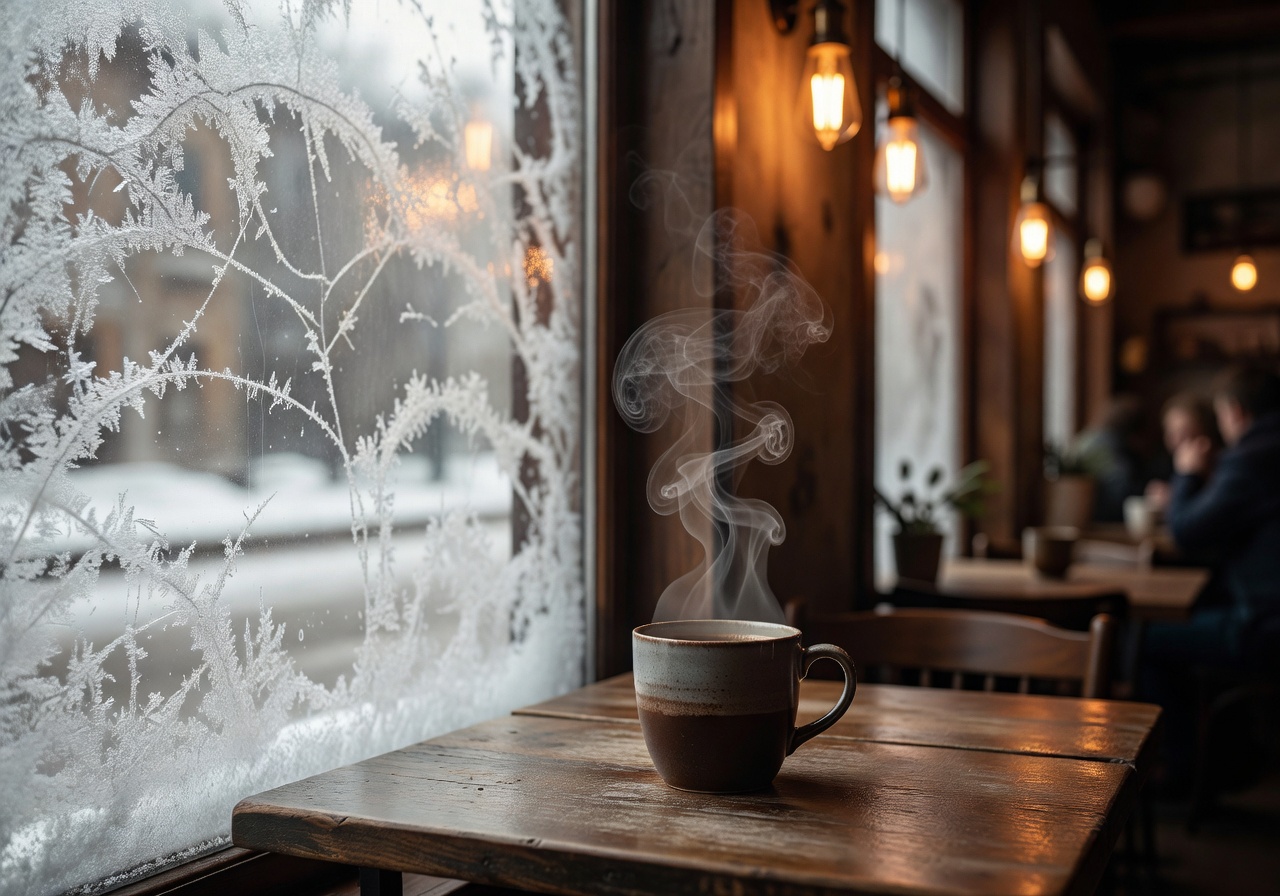 Warm café scene with steaming coffee by a frost-covered window